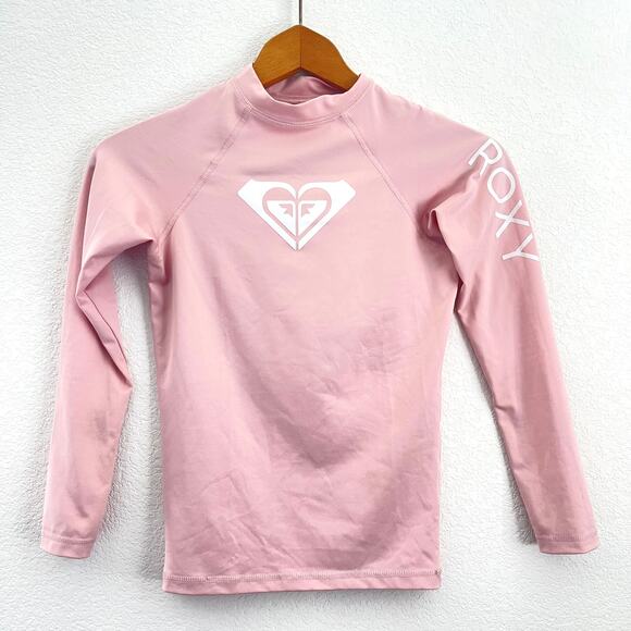 Roxy Girls Rashguard Swim Surf Top Sz Large 12 Pink Long Sleeve Heart Logo UPF - Picture 1 of 7